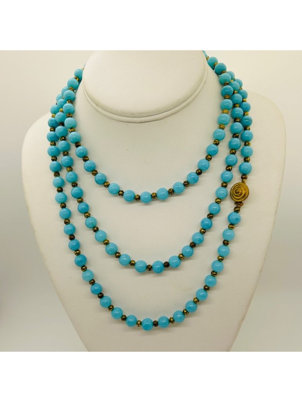 Teal Blue Acrylic Necklace Single Strand Gold-Tone Push Clasp 54 Inches Vintage